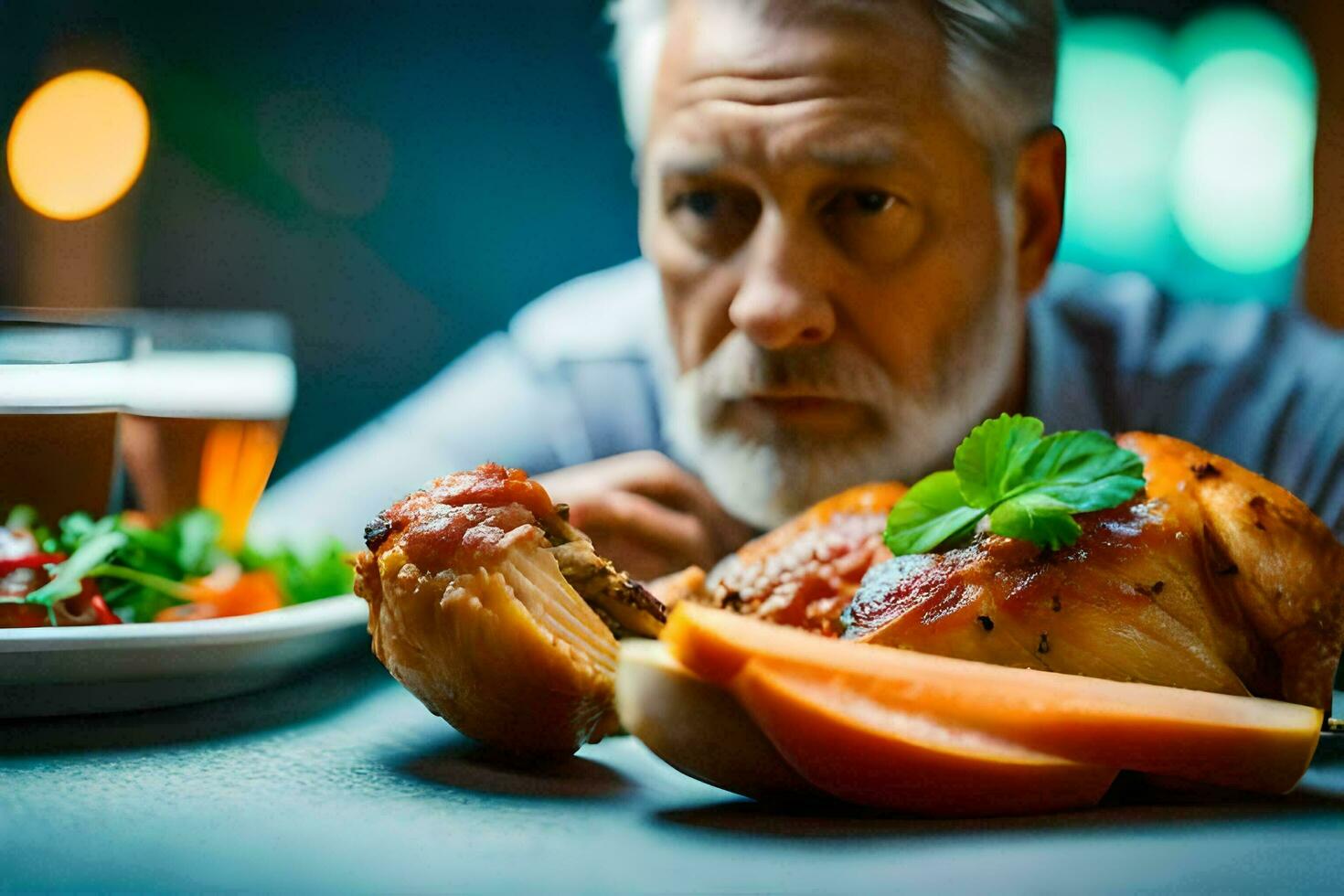 een Mens met een baard en bril zit Bij een tafel met een bord van voedsel. ai-gegenereerd foto