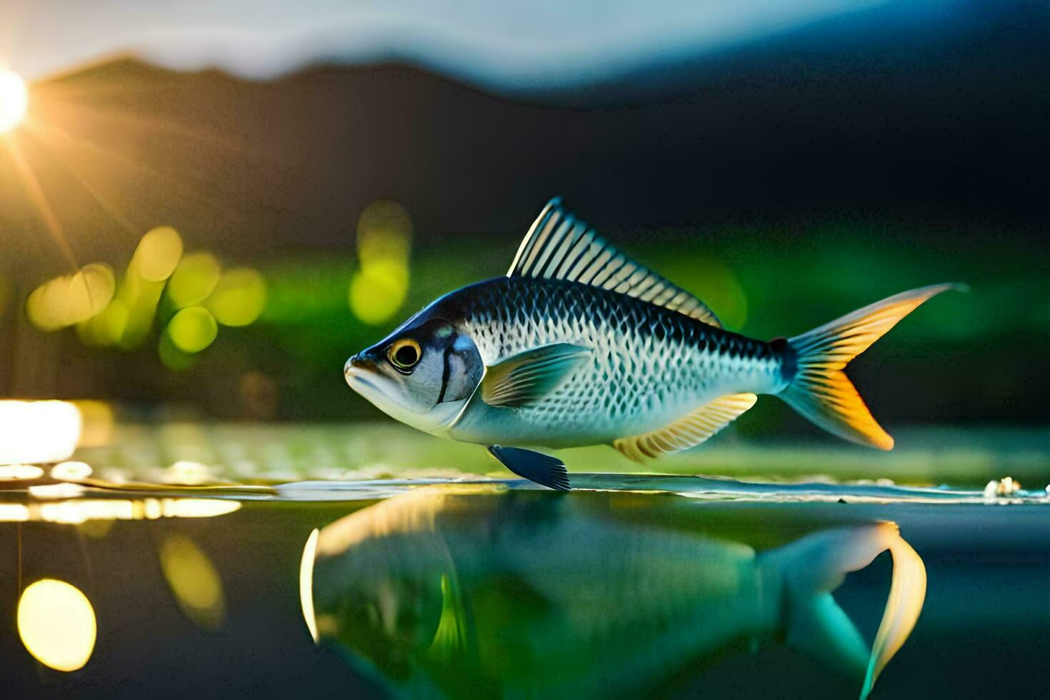 een vis is staand Aan de water met de zon schijnt. ai-gegenereerd foto