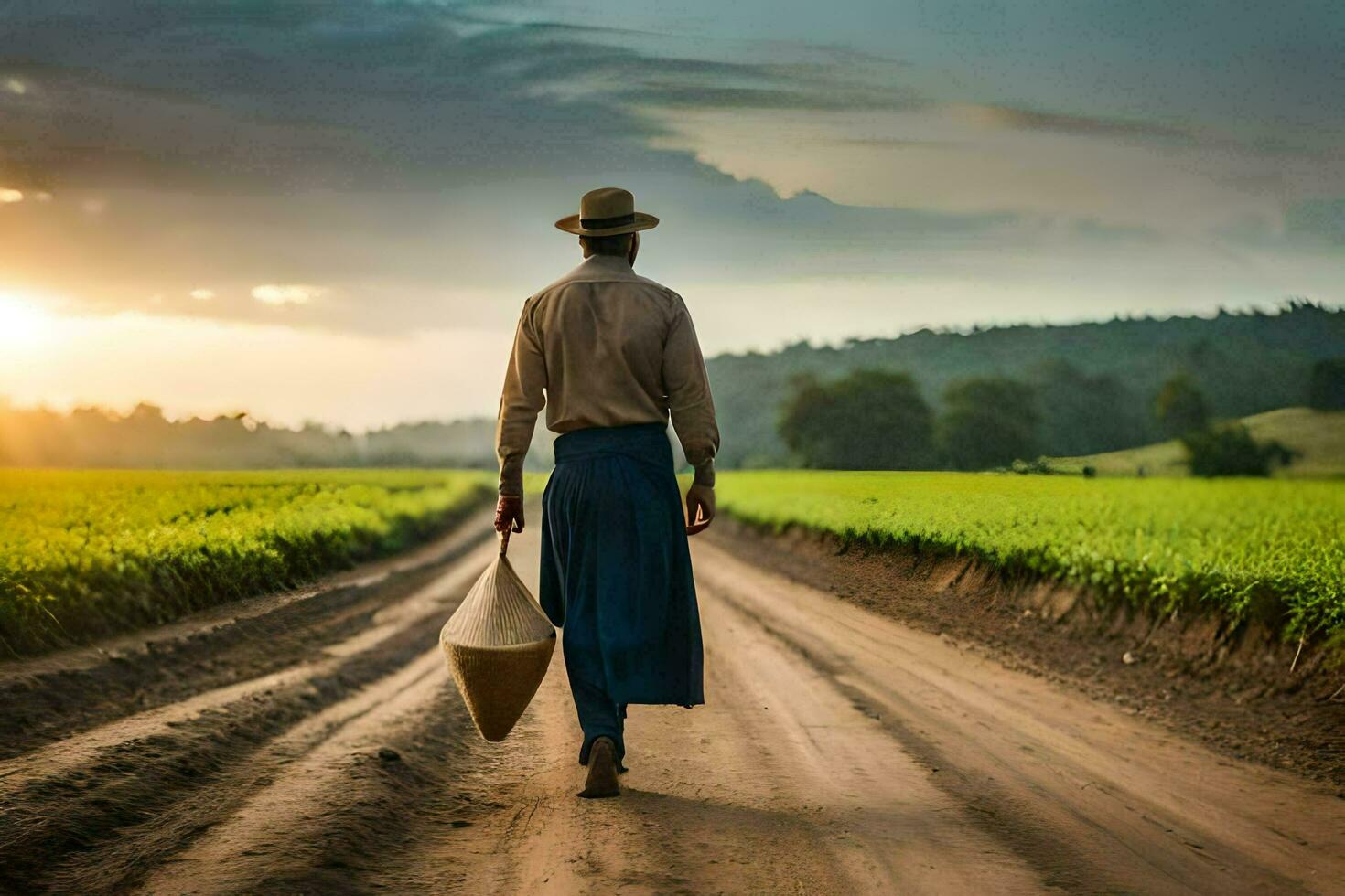 een Mens wandelen naar beneden een aarde weg met een mand. ai-gegenereerd foto