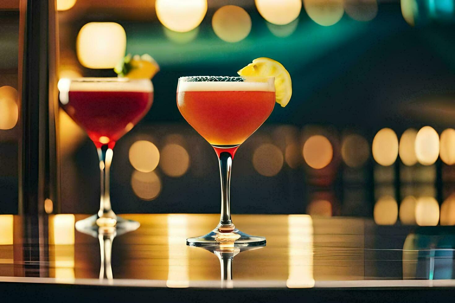 twee cocktails zitten Aan een tafel in voorkant van een wazig achtergrond. ai-gegenereerd foto