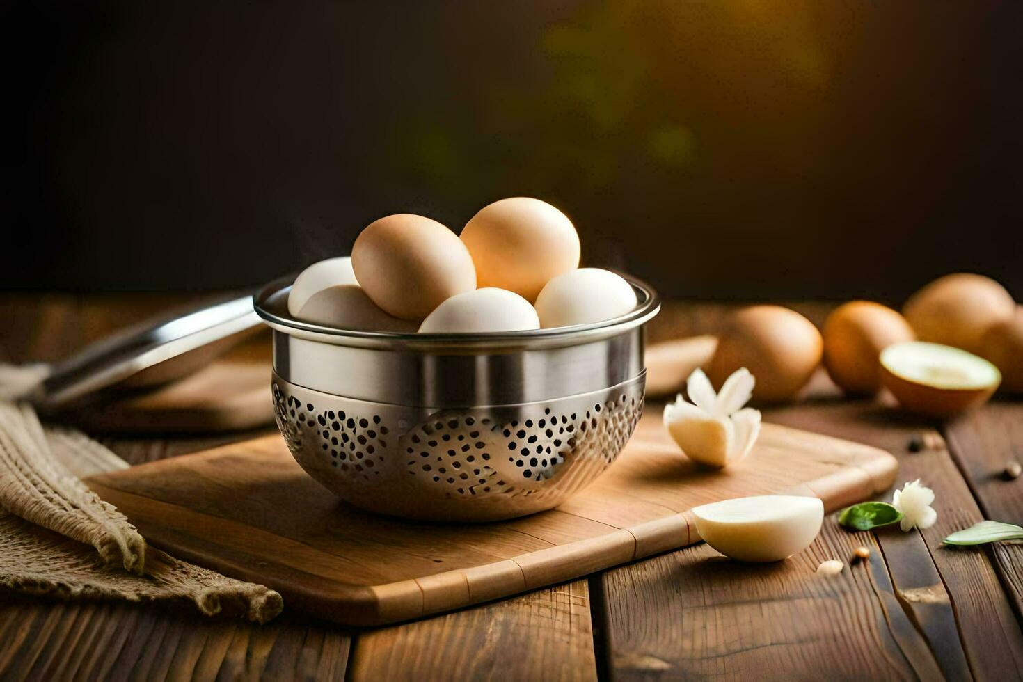 een kom van eieren Aan een houten tafel. ai-gegenereerd foto
