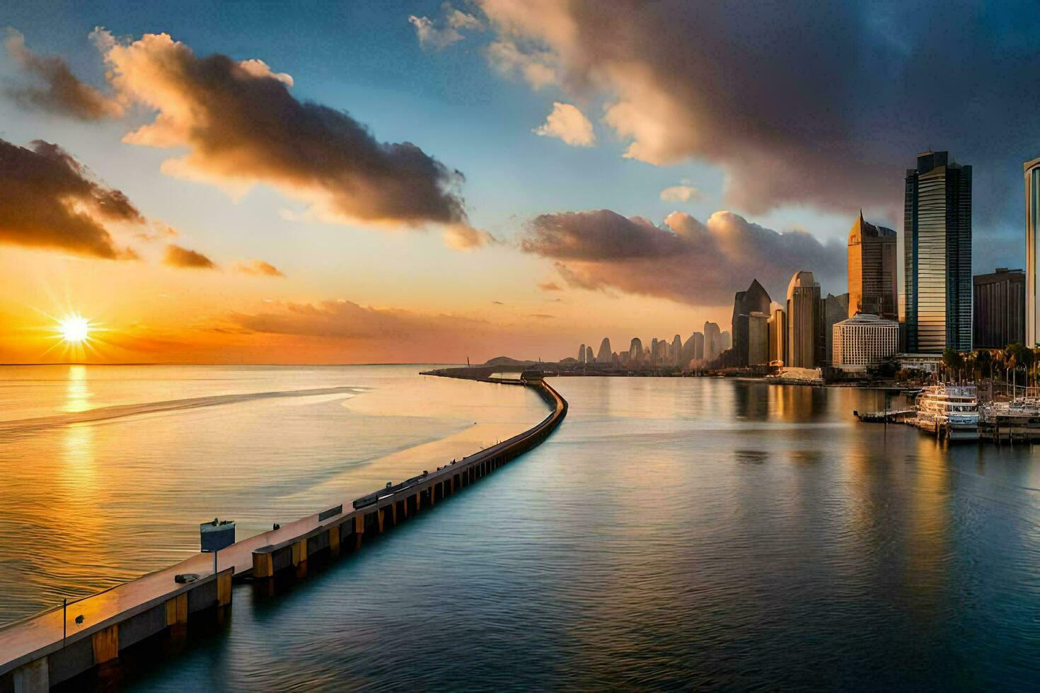 de zon sets over- de stad horizon in dubai. ai-gegenereerd foto