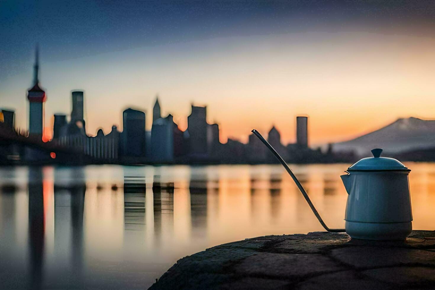 een koffie pot zit Aan een rots met uitzicht een stad. ai-gegenereerd foto