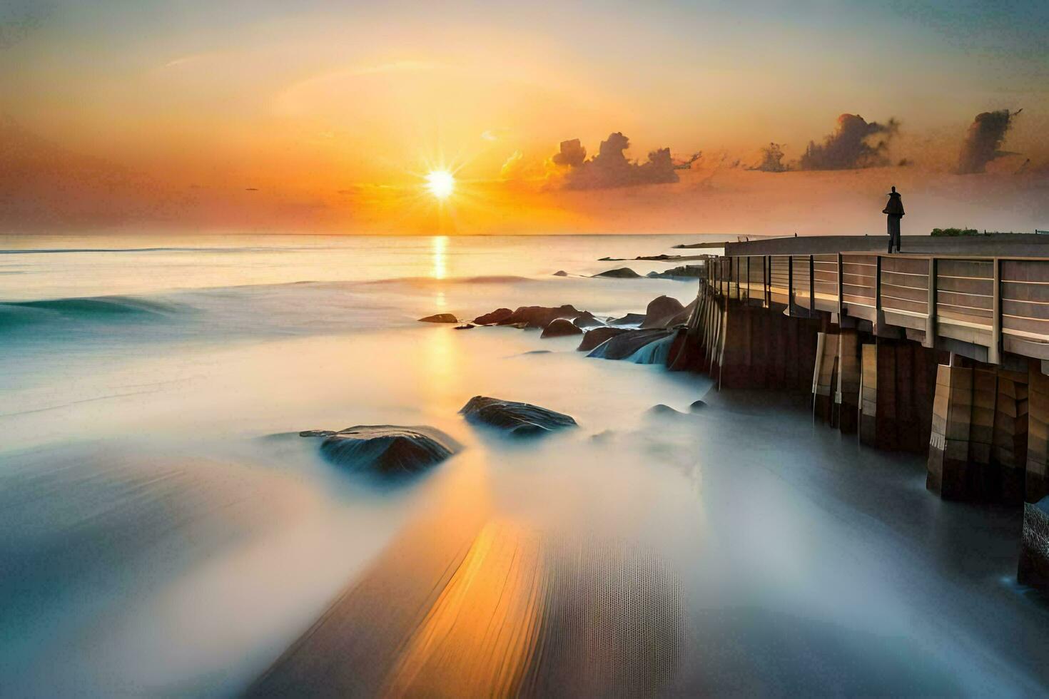 een Mens staat Aan een pier met uitzicht de oceaan Bij zonsondergang. ai-gegenereerd foto