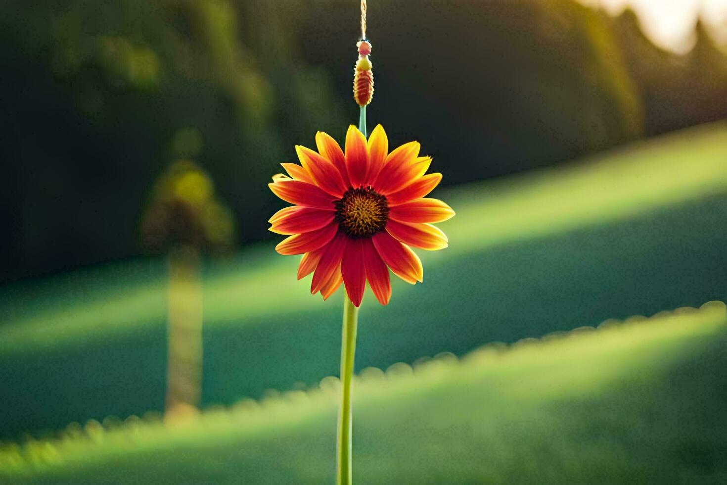 een rood bloem is hangende van een draad in de midden- van een veld. ai-gegenereerd foto