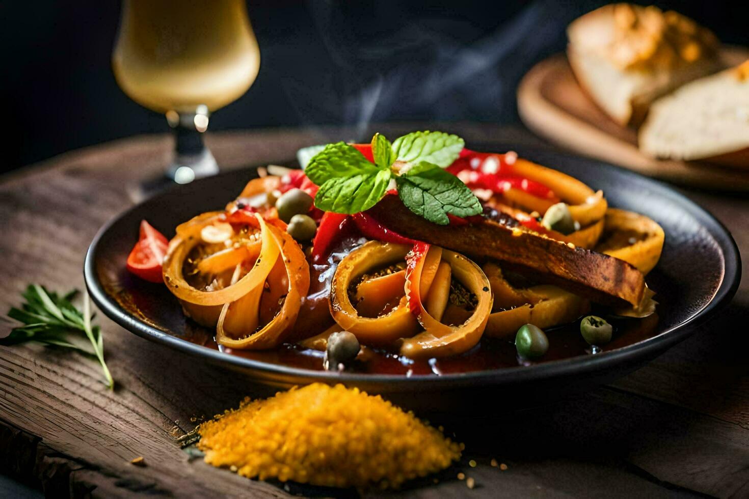 een bord van pasta met groenten en brood Aan een tafel. ai-gegenereerd foto