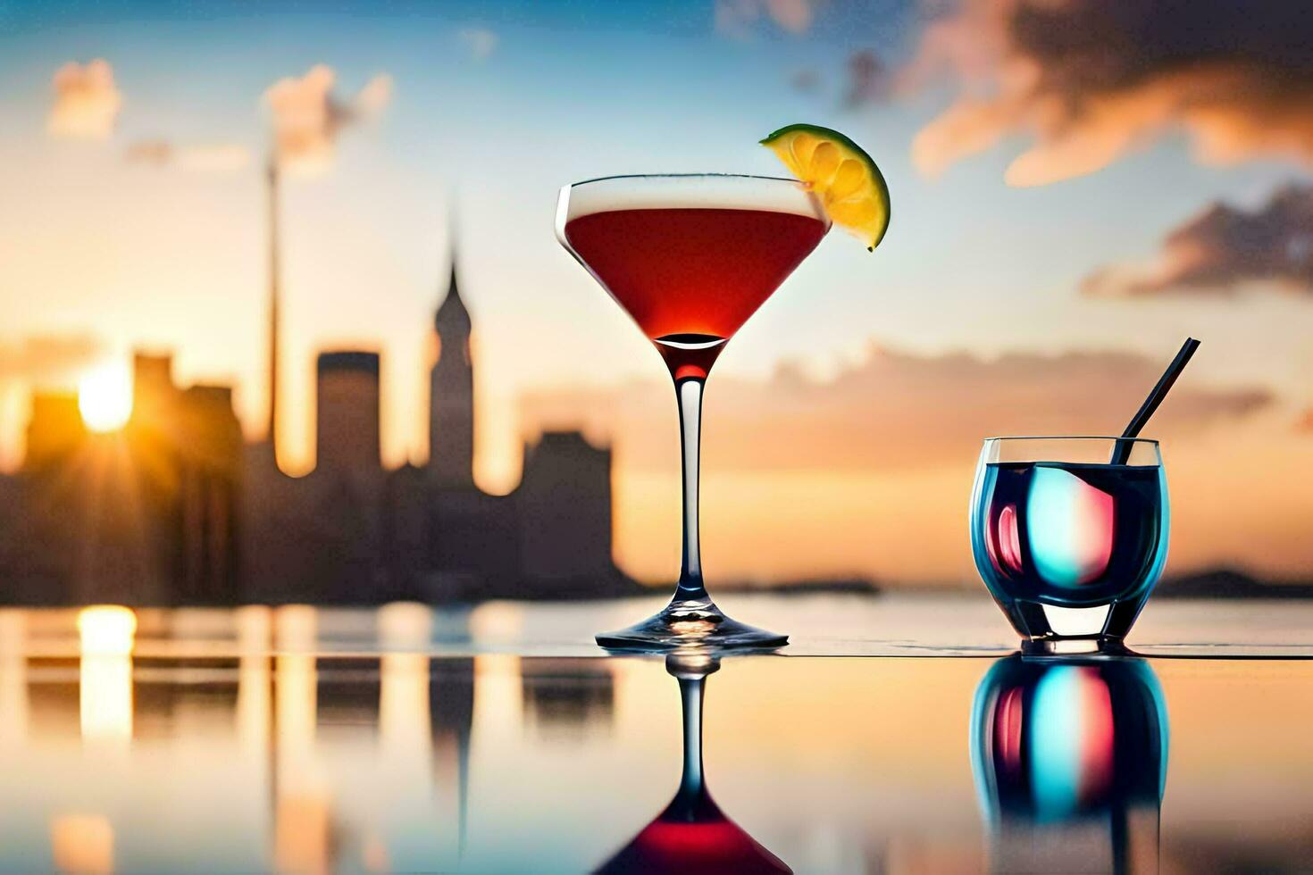 twee cocktails zitten Aan een tafel met een stad horizon in de achtergrond. ai-gegenereerd foto