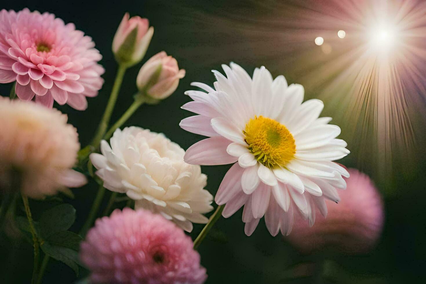 roze en wit bloemen met zon schijnend in de achtergrond. ai-gegenereerd foto