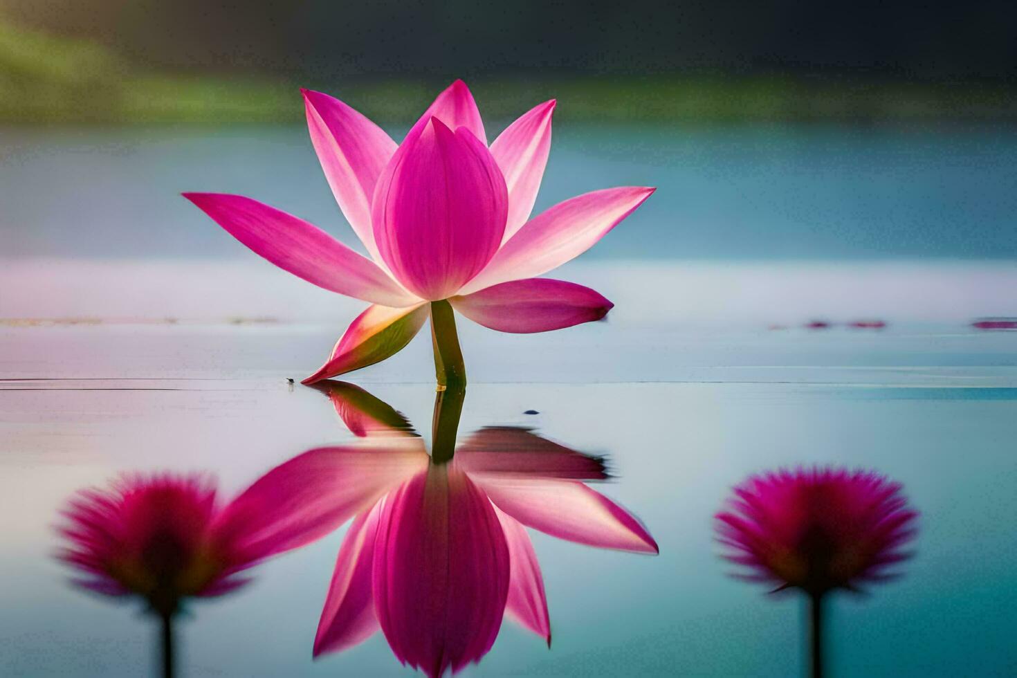 een roze lotus bloem is weerspiegeld in de water. ai-gegenereerd foto
