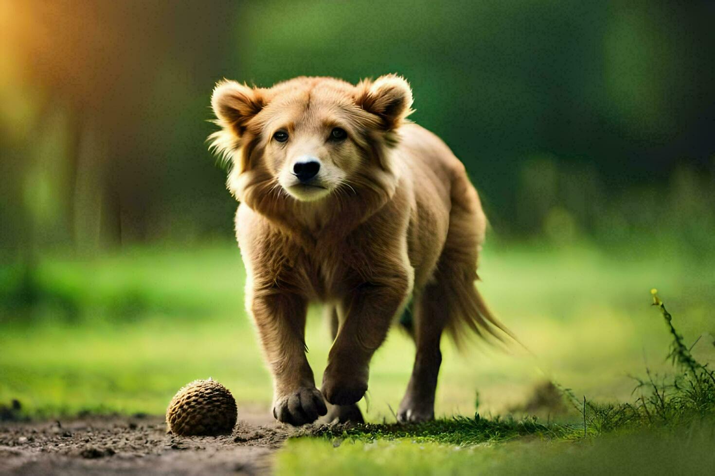 foto behang de hond, natuur, de zon, de gras, de bal, de hond,. ai-gegenereerd