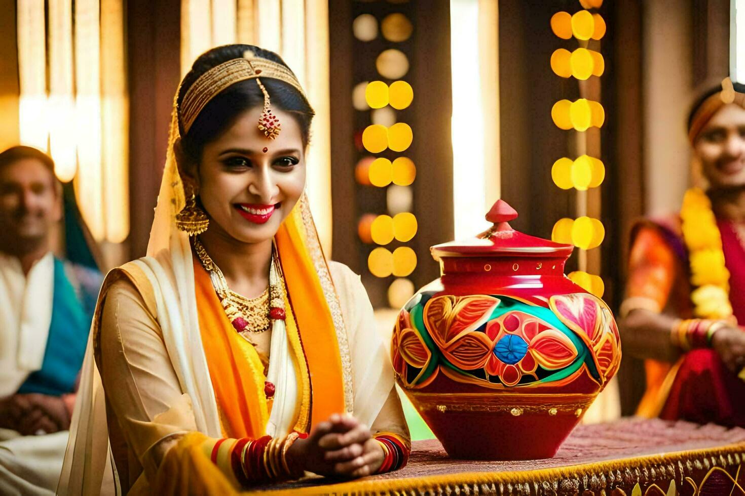 een vrouw in traditioneel Indisch kleding is glimlachen Bij de camera. ai-gegenereerd foto
