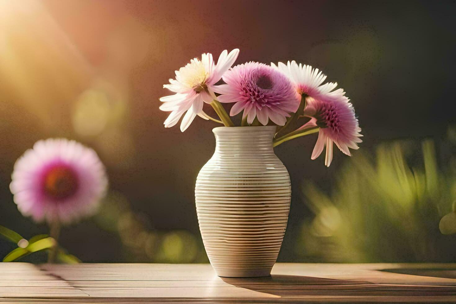 een vaas met roze bloemen zittend Aan een tafel. ai-gegenereerd foto