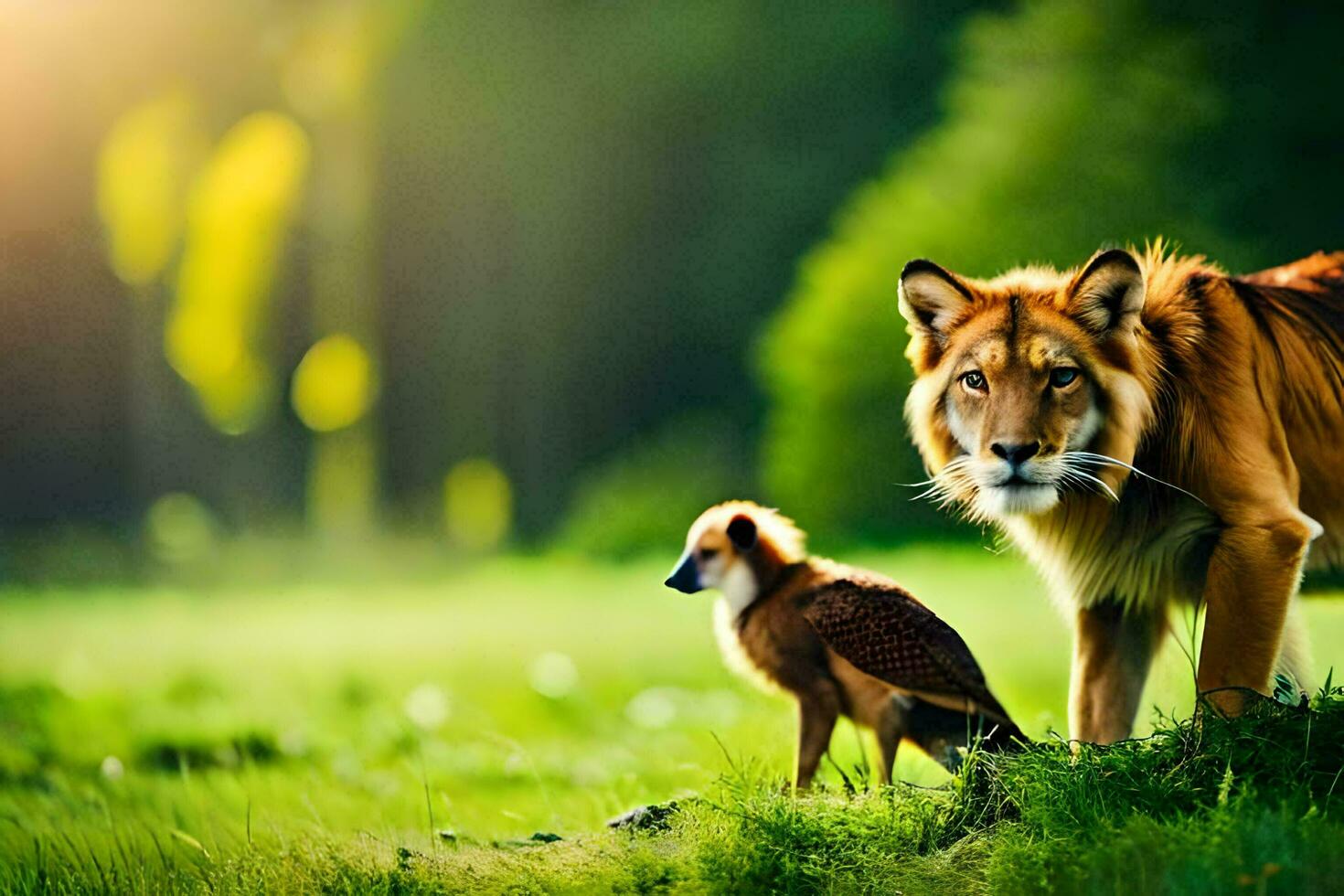 een leeuw en een vogel staand in de gras. ai-gegenereerd foto