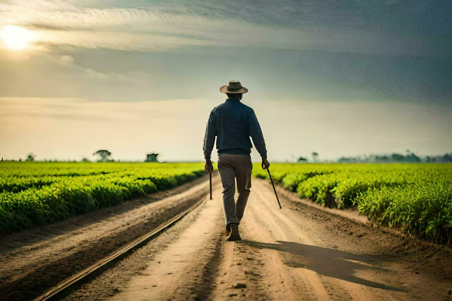 een Mens wandelen Aan een aarde weg in een veld. ai-gegenereerd foto