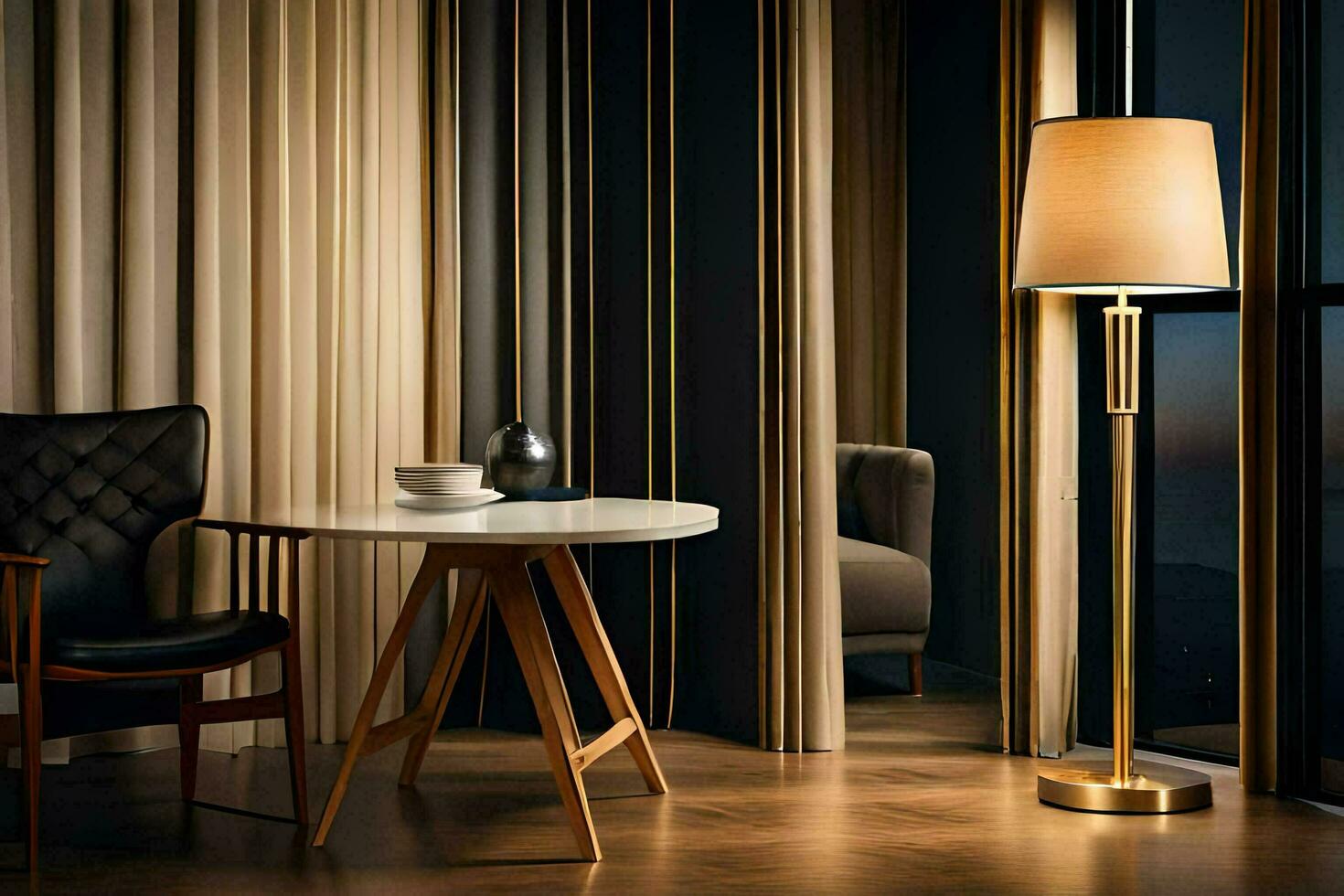 een kamer met een tafel en stoel, een lamp en gordijnen. ai-gegenereerd foto