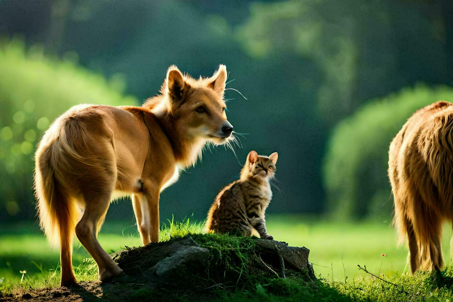 een hond en kat staand Aan een met gras begroeid veld. ai-gegenereerd foto