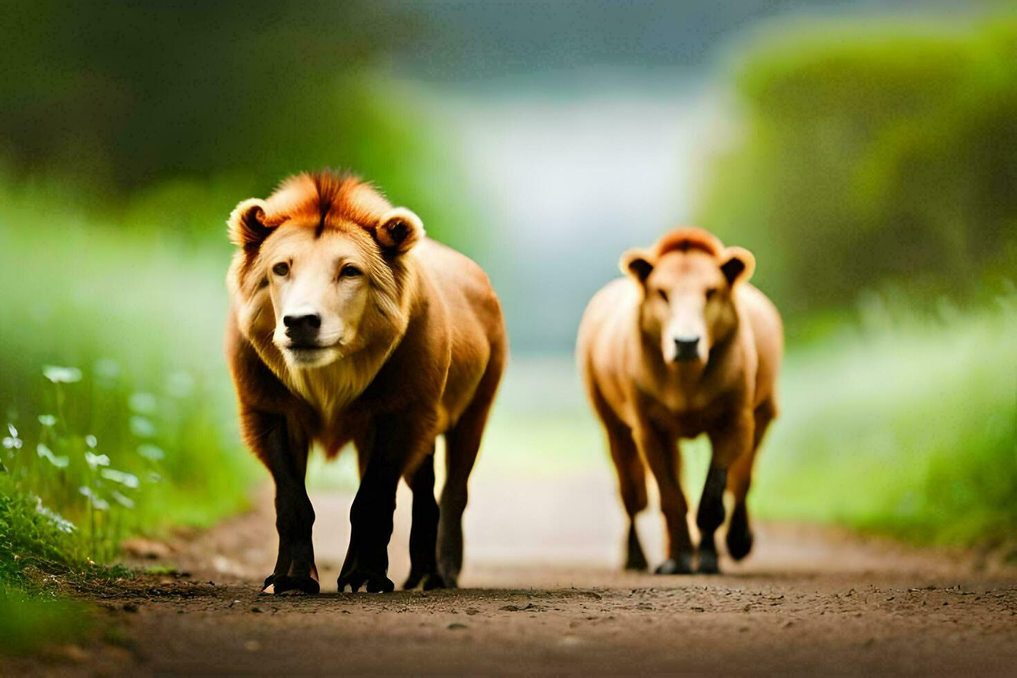 twee leeuwen wandelen naar beneden een weg in de midden- van een veld. ai-gegenereerd foto