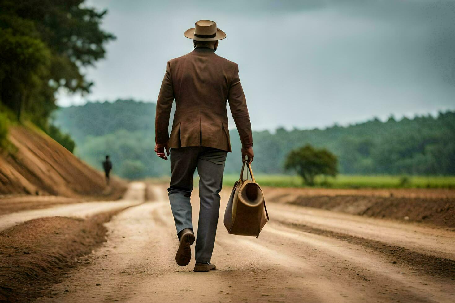 een Mens in een pak en hoed wandelen naar beneden een aarde weg. ai-gegenereerd foto