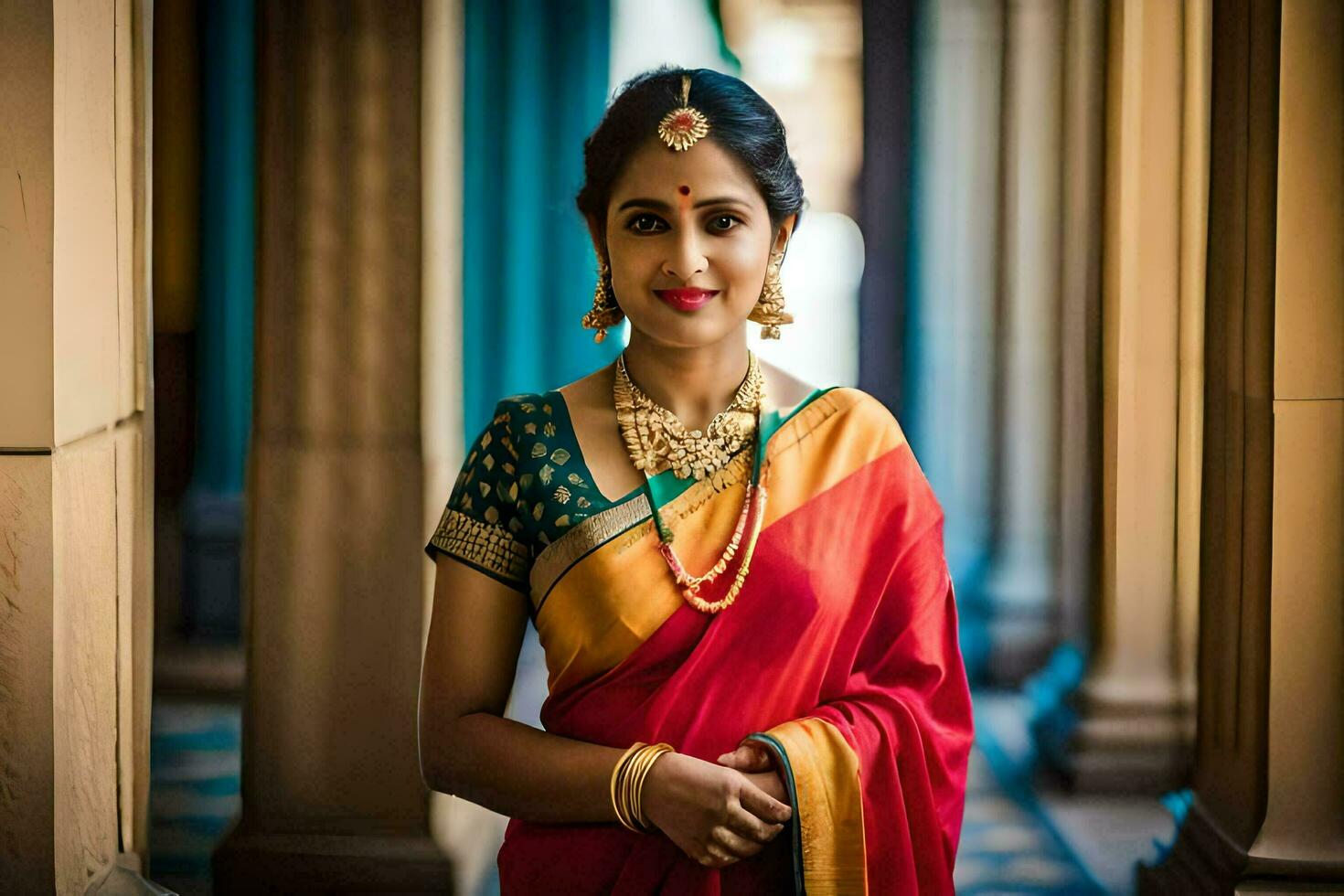 een mooi Indisch vrouw in een rood en oranje sari. ai-gegenereerd foto