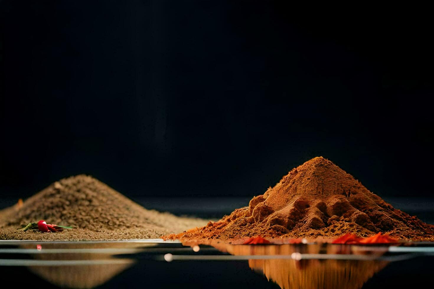 drie verschillend types van specerijen Aan een zwart achtergrond. ai-gegenereerd foto