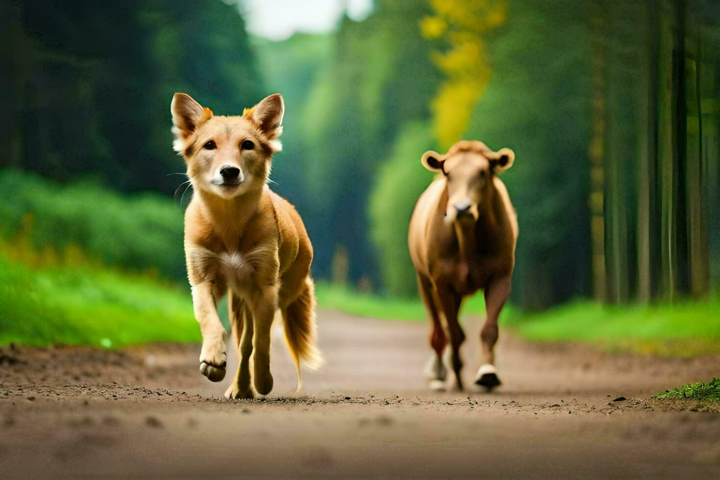 twee honden rennen naar beneden een aarde weg in de bossen. ai-gegenereerd foto