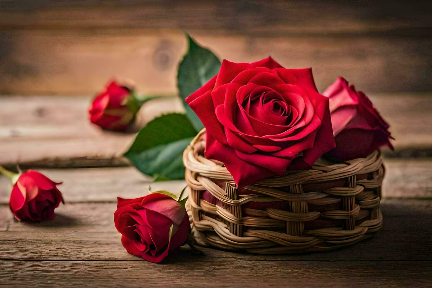 rood rozen in een mand Aan een houten tafel. ai-gegenereerd foto