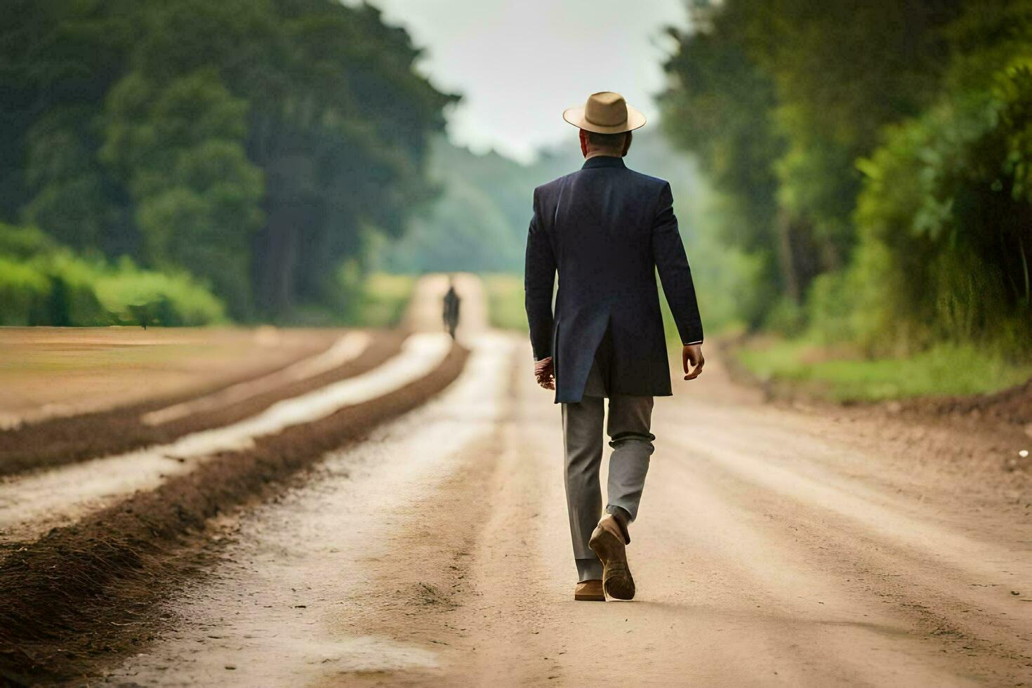 een Mens in een pak en hoed wandelen naar beneden een aarde weg. ai-gegenereerd foto