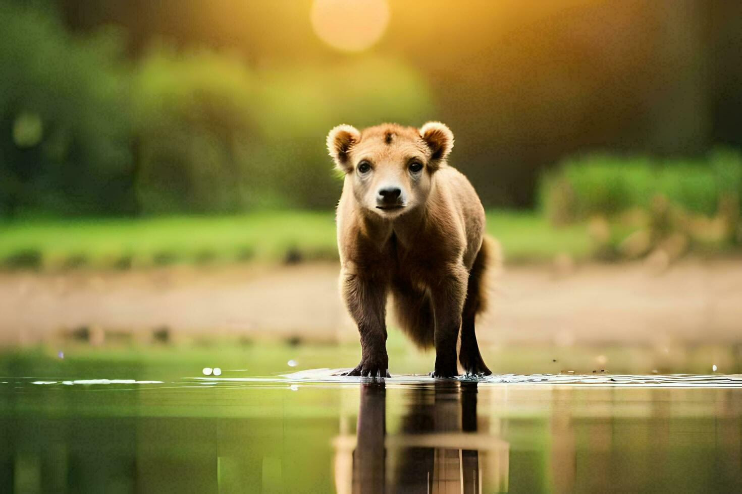 een bruin beer staand in de water Bij zonsondergang. ai-gegenereerd foto