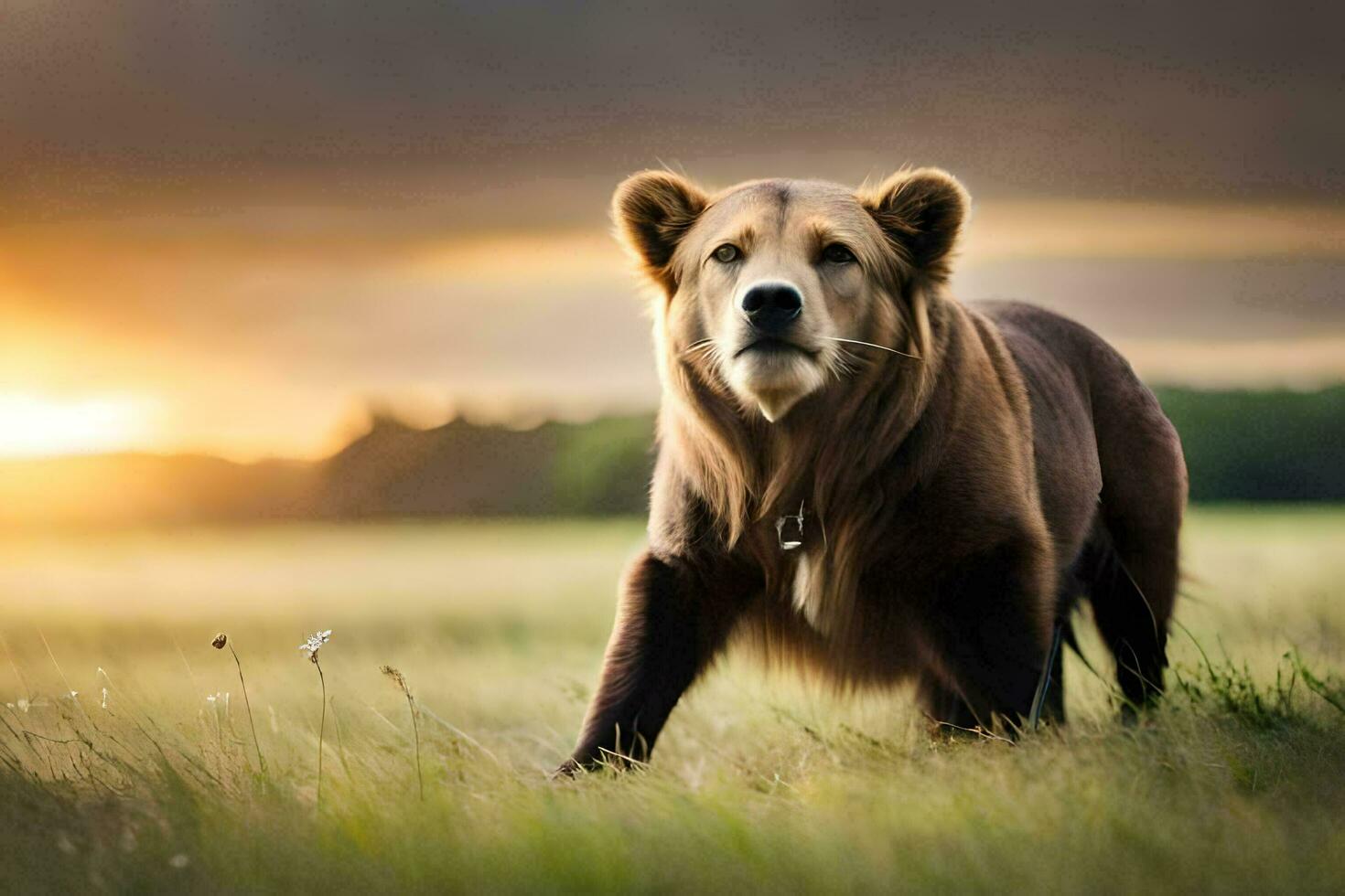 een bruin beer is wandelen in een veld. ai-gegenereerd foto