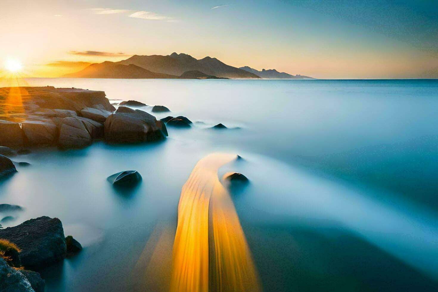 een lang blootstelling fotograaf van rotsen en water Bij zonsondergang. ai-gegenereerd foto