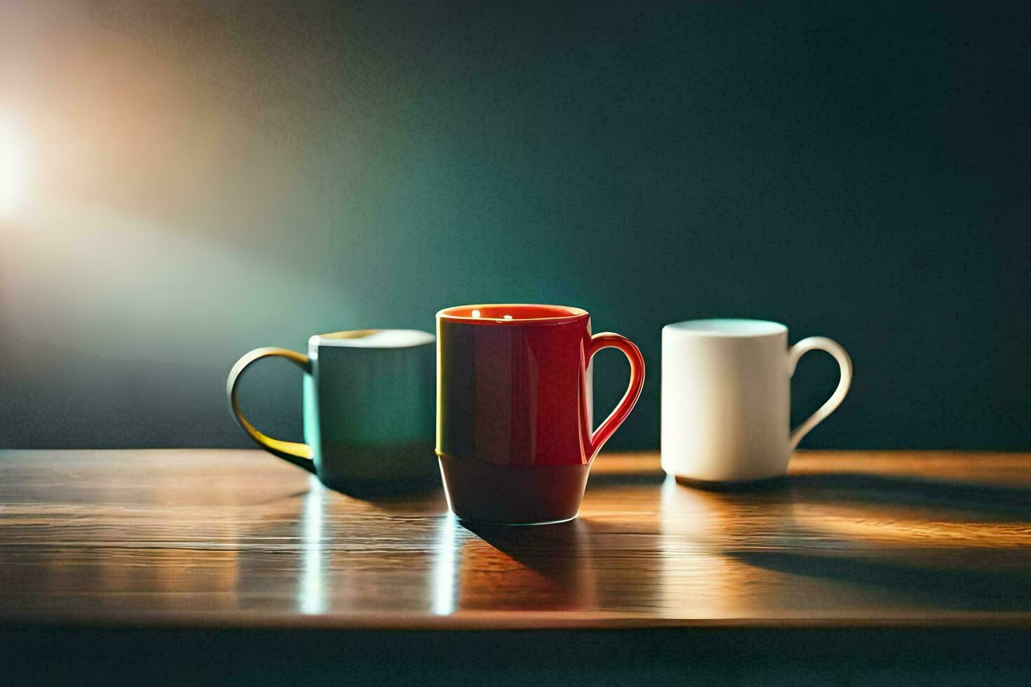 drie koffie mokken Aan een houten tafel. ai-gegenereerd foto