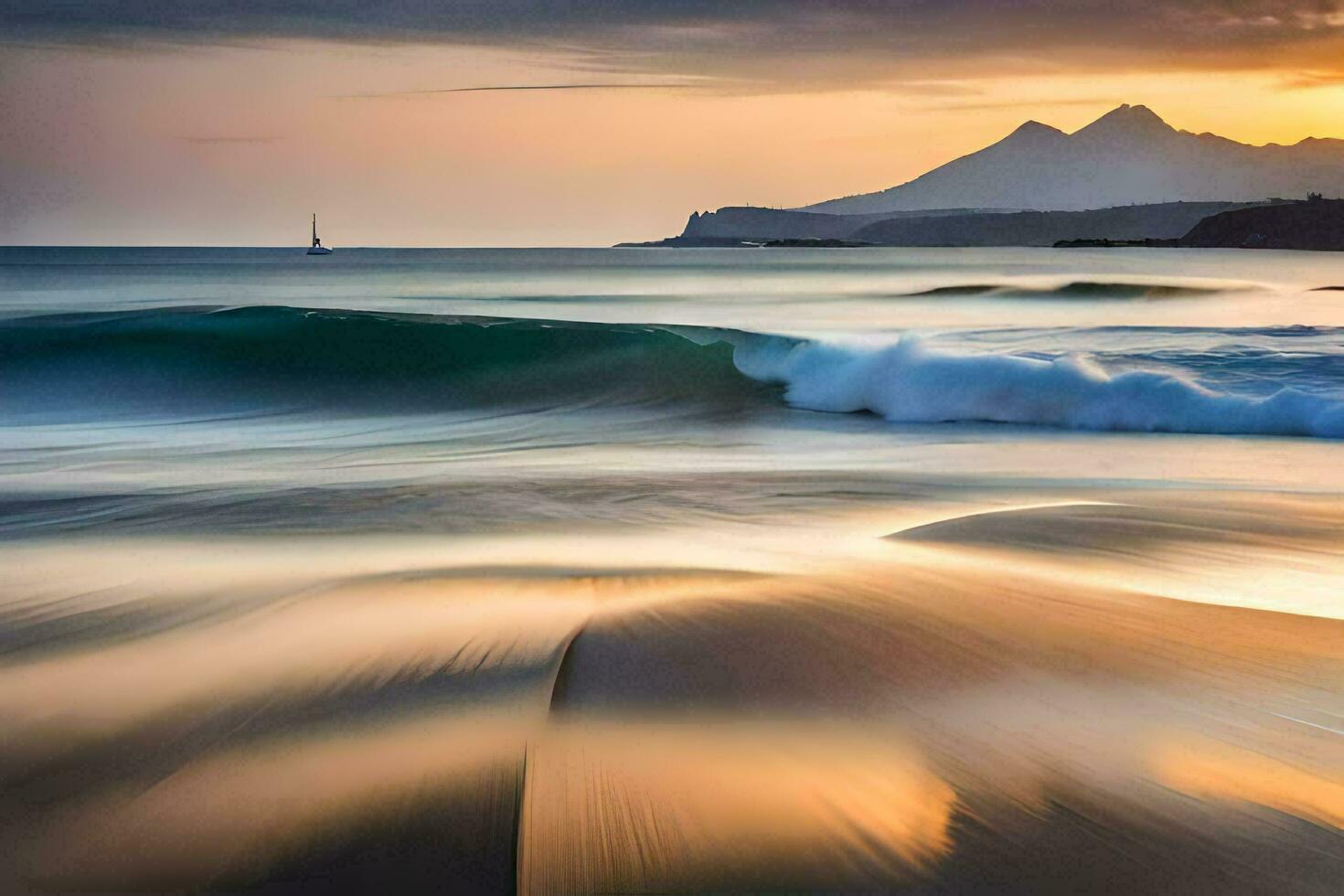 een lang blootstelling fotograaf van golven crashen Aan de strand. ai-gegenereerd foto