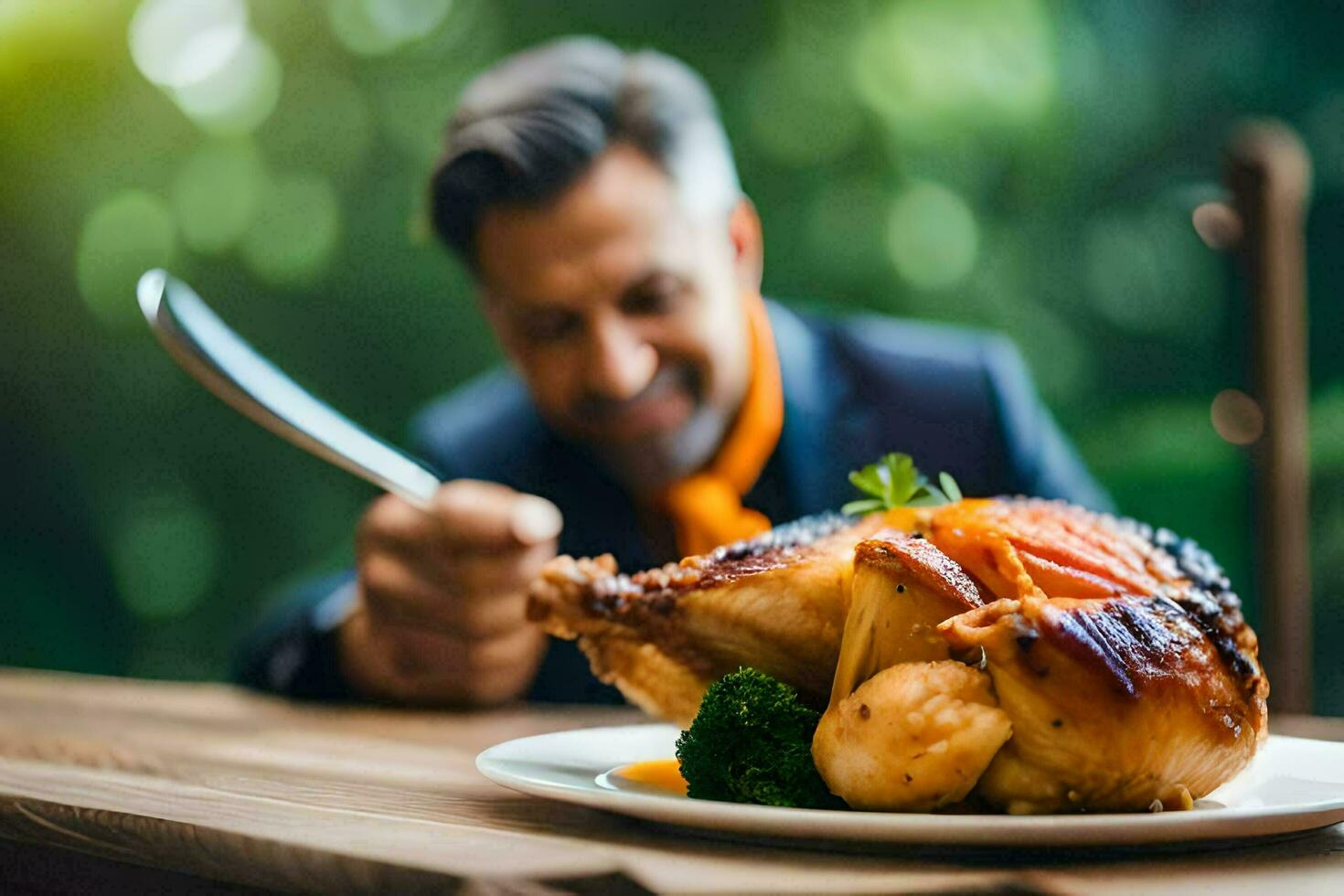 een Mens in een pak is Holding een mes en vork over- een bord van voedsel. ai-gegenereerd foto