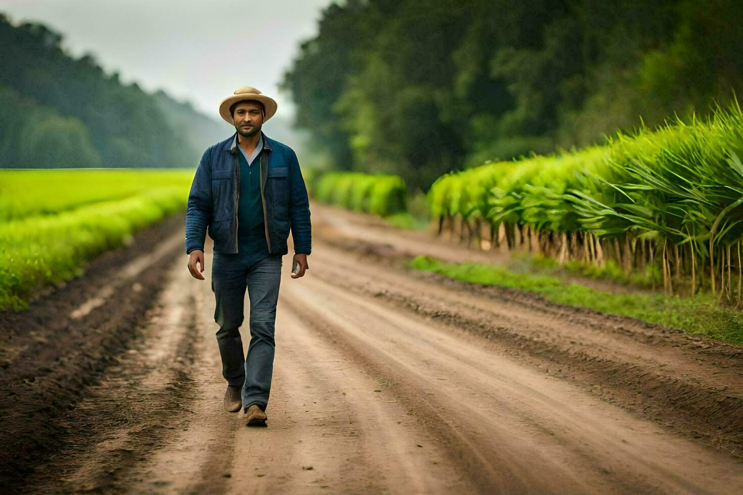 een Mens wandelen naar beneden een aarde weg in voorkant van een veld- van suiker riet. ai-gegenereerd foto