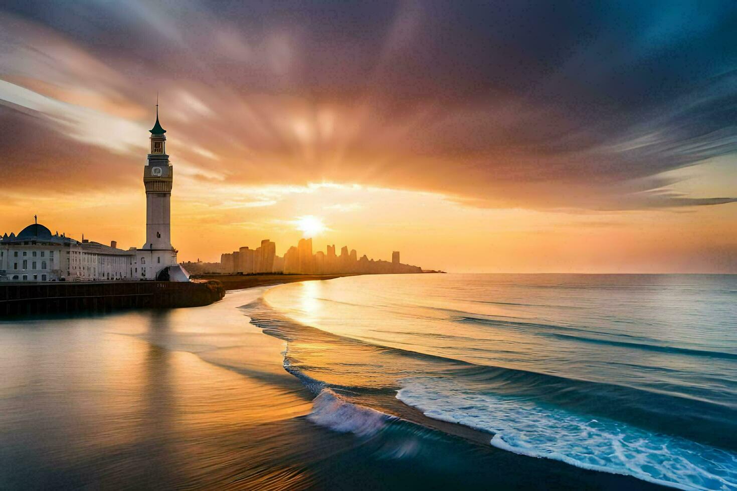 de zon stijgt over- de oceaan en een toren in de afstand. ai-gegenereerd foto