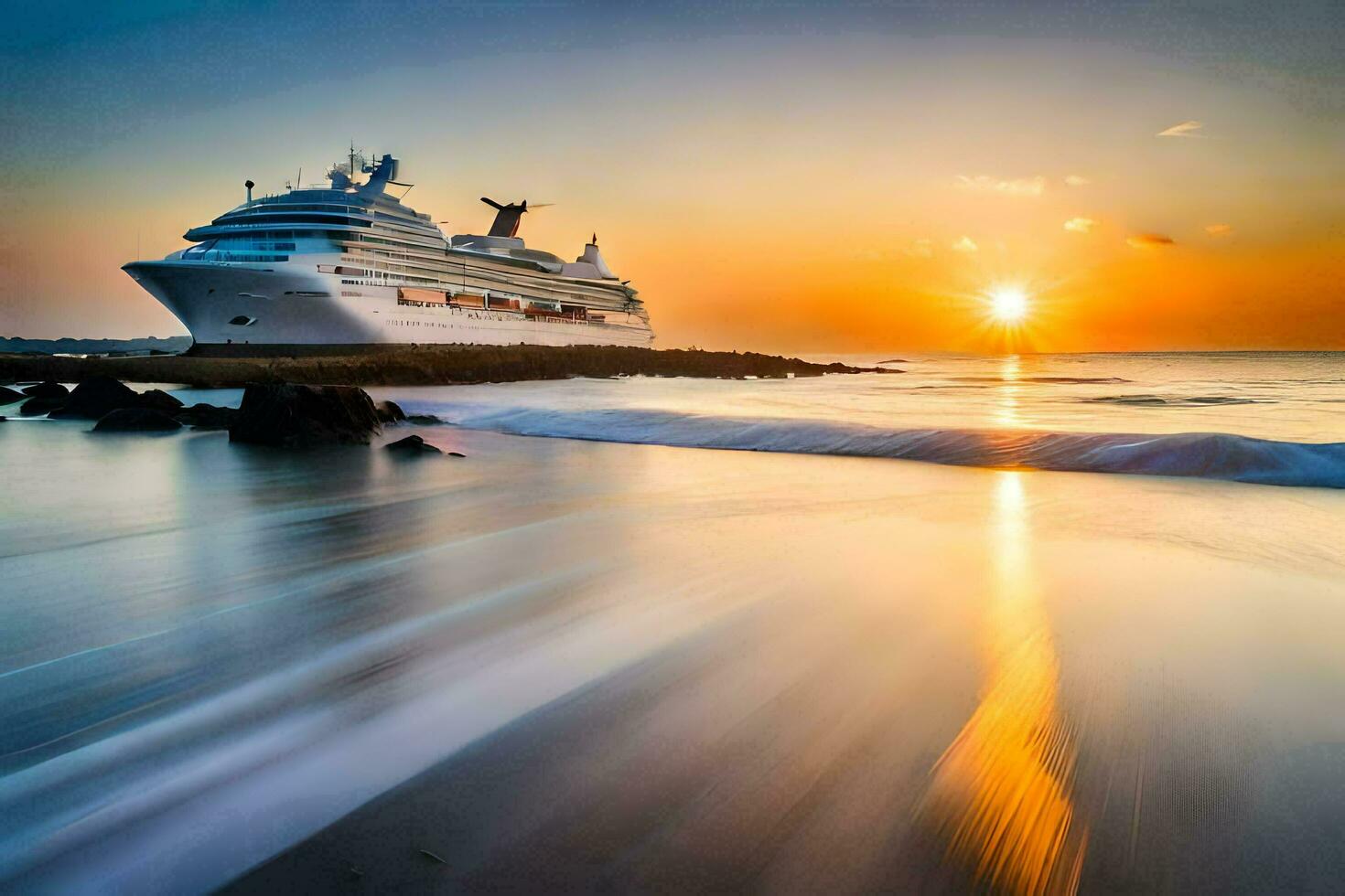 een reis schip in de oceaan Bij zonsondergang. ai-gegenereerd foto