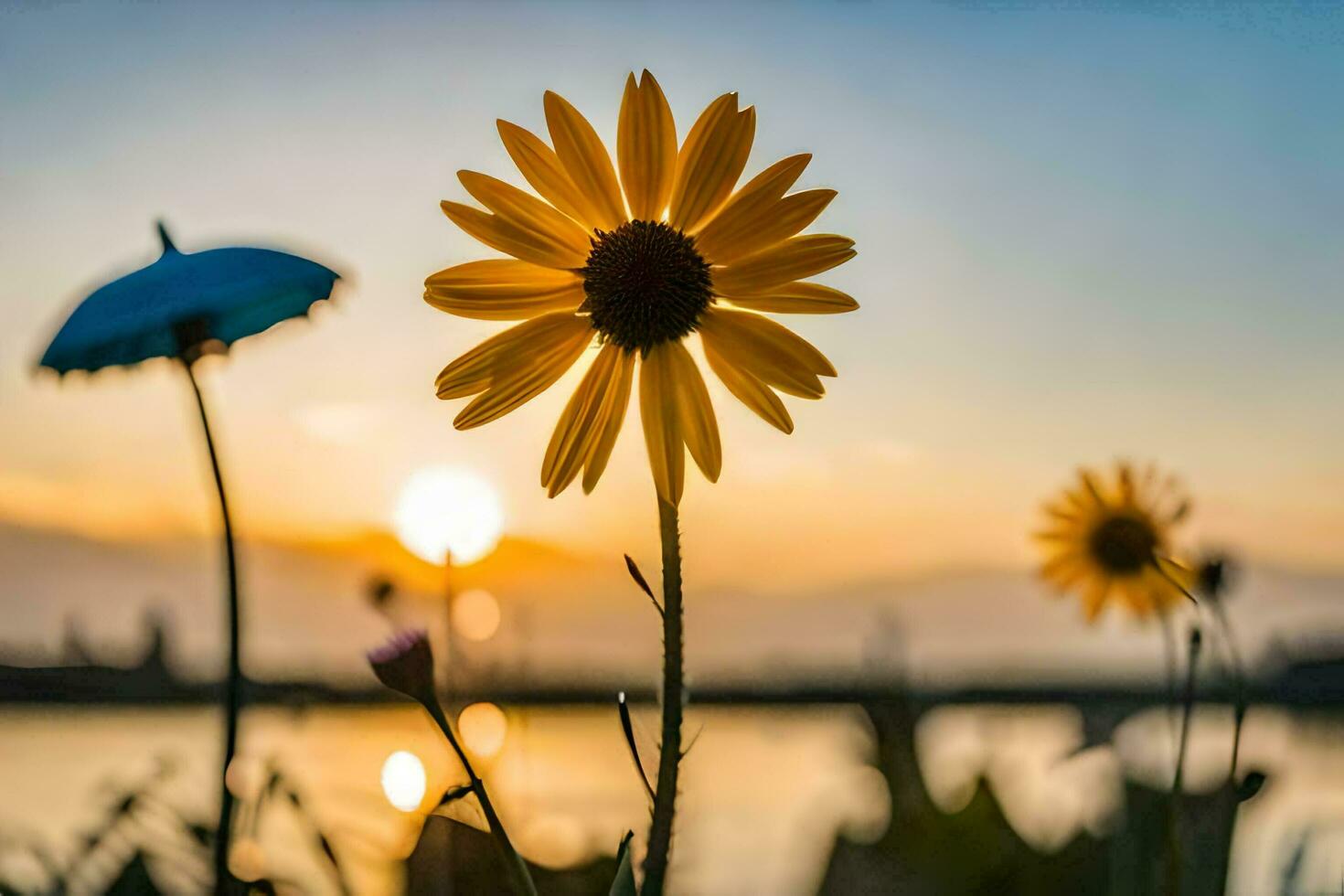 zonnebloem en paraplu in de zonsondergang. ai-gegenereerd foto