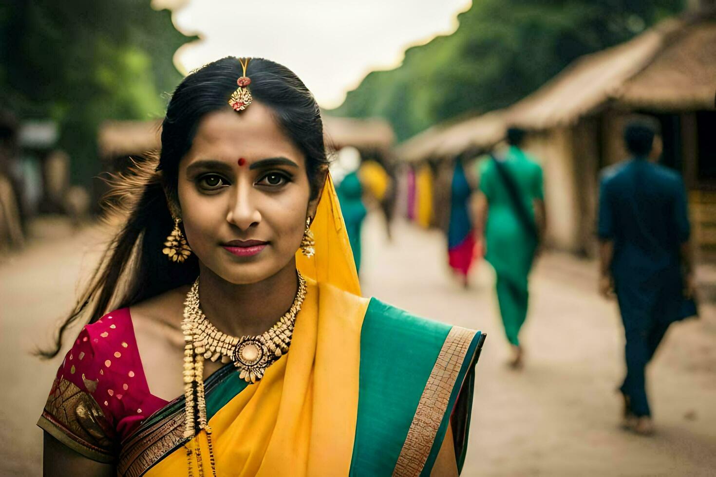 een vrouw in een sari staand in de midden- van een straat. ai-gegenereerd foto