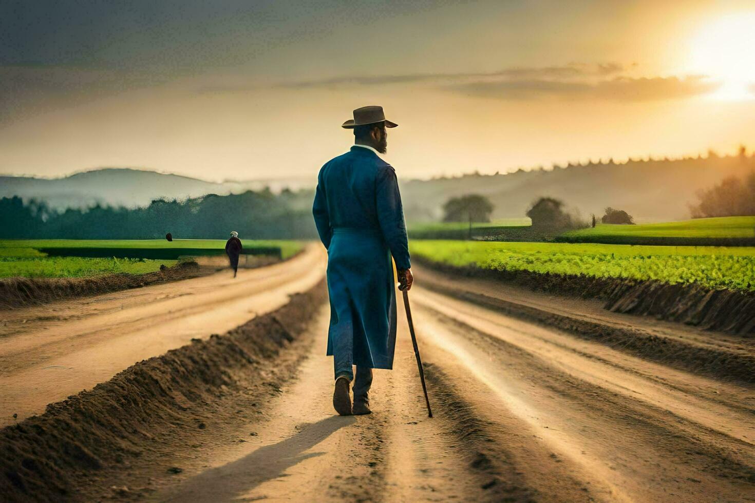 een Mens in een blauw pak wandelingen naar beneden een aarde weg. ai-gegenereerd foto