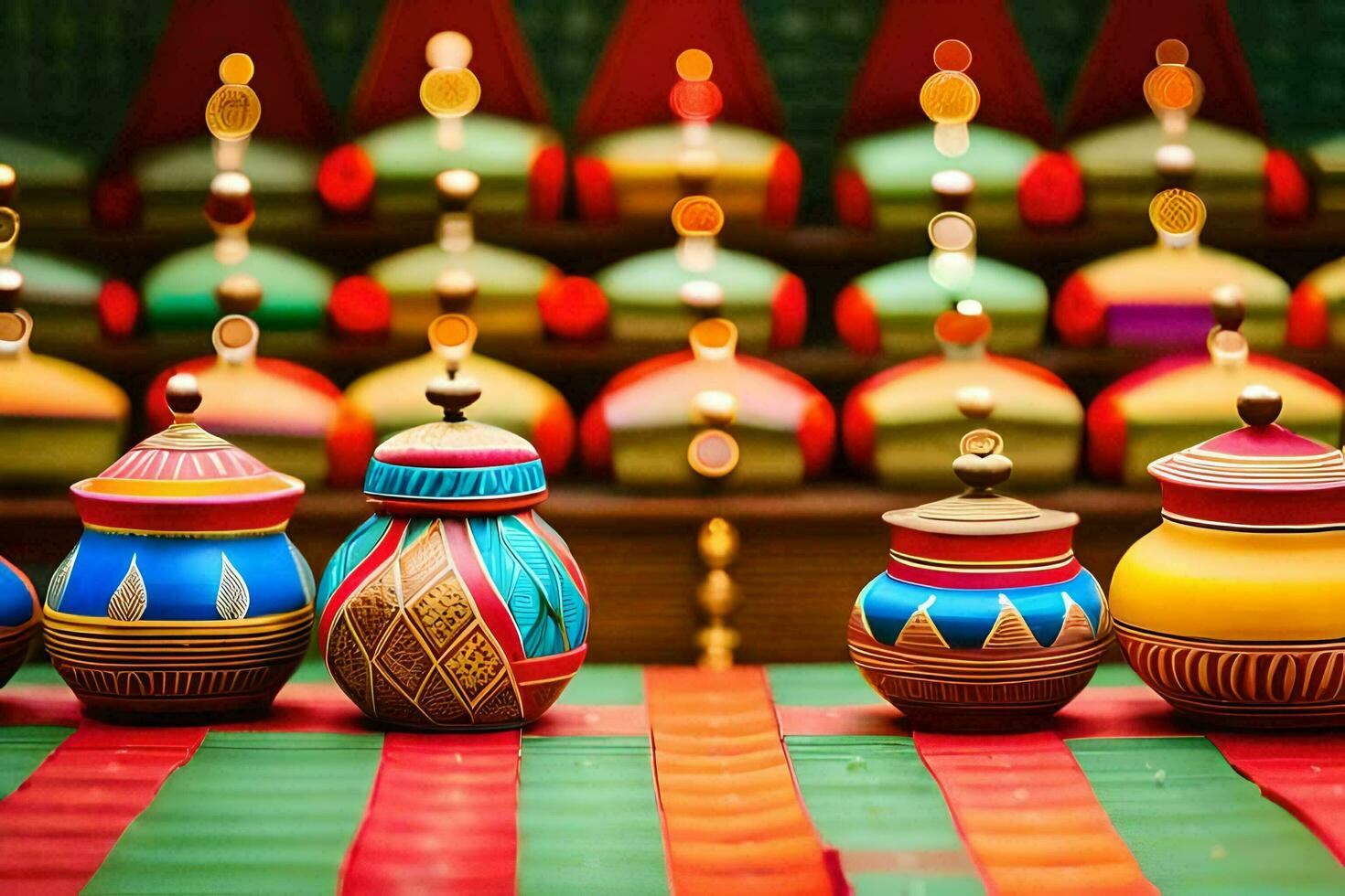 kleurrijk potten en vazen Aan een tafel. ai-gegenereerd foto