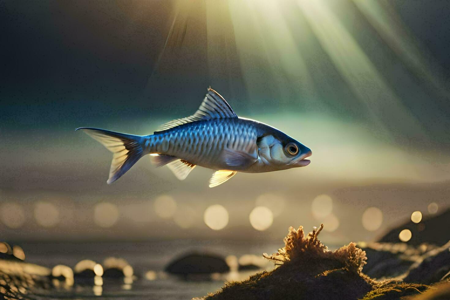 een vis is vliegend over- de water met zonlicht schijnt. ai-gegenereerd foto