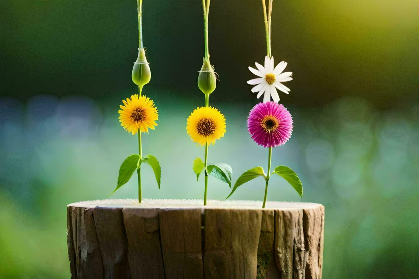 drie zonnebloemen zijn groeit Aan een houten stomp. ai-gegenereerd foto
