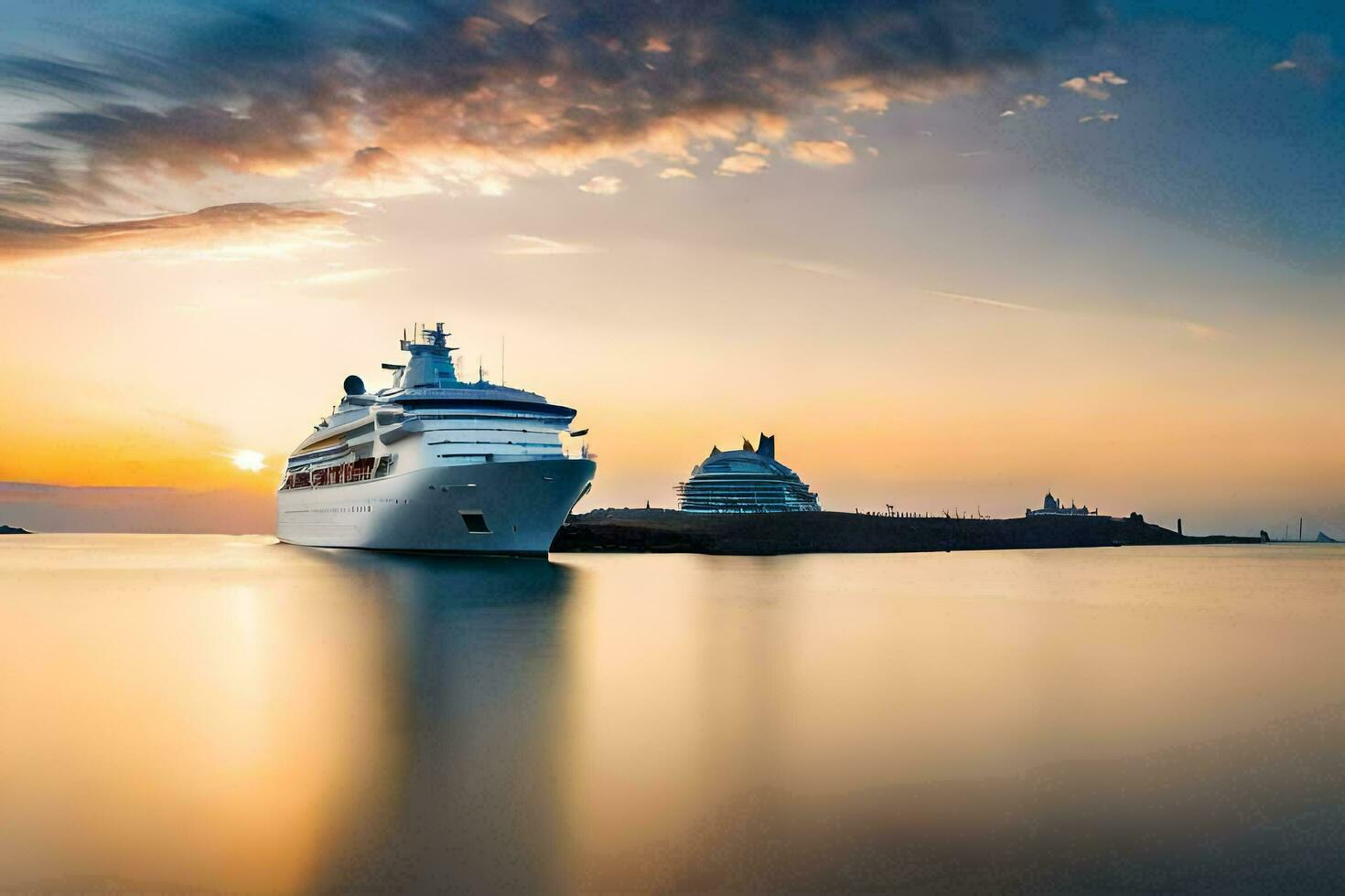 een reis schip in de oceaan Bij zonsondergang. ai-gegenereerd foto