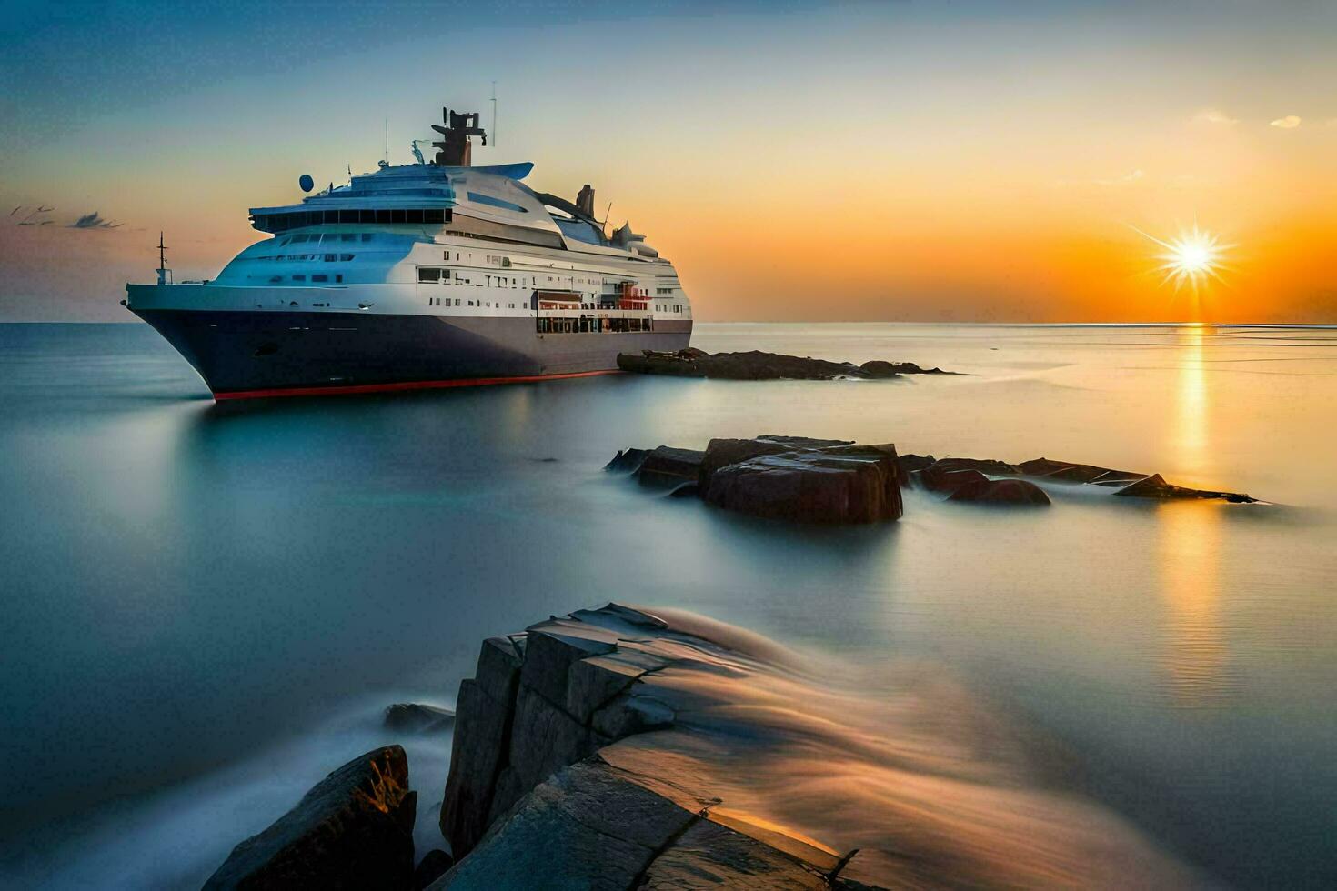 een reis schip in de oceaan Bij zonsondergang. ai-gegenereerd foto