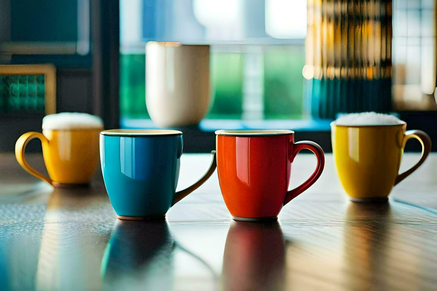 kleurrijk koffie cups Aan een tafel. ai-gegenereerd foto