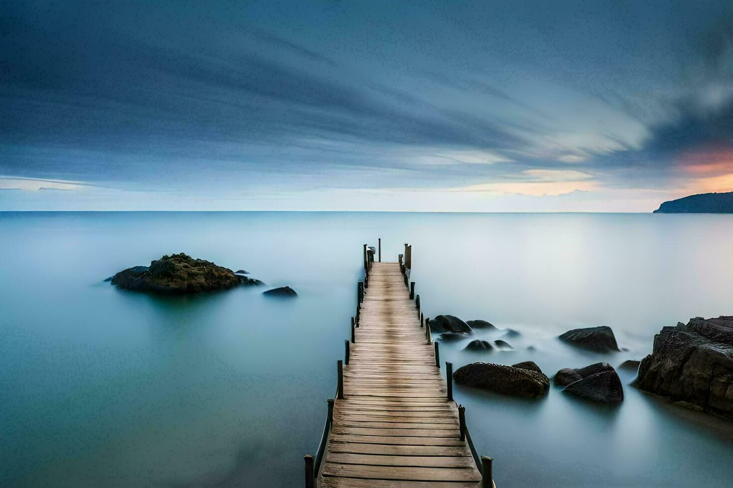 een lang blootstelling foto van een houten pier in de oceaan. ai-gegenereerd