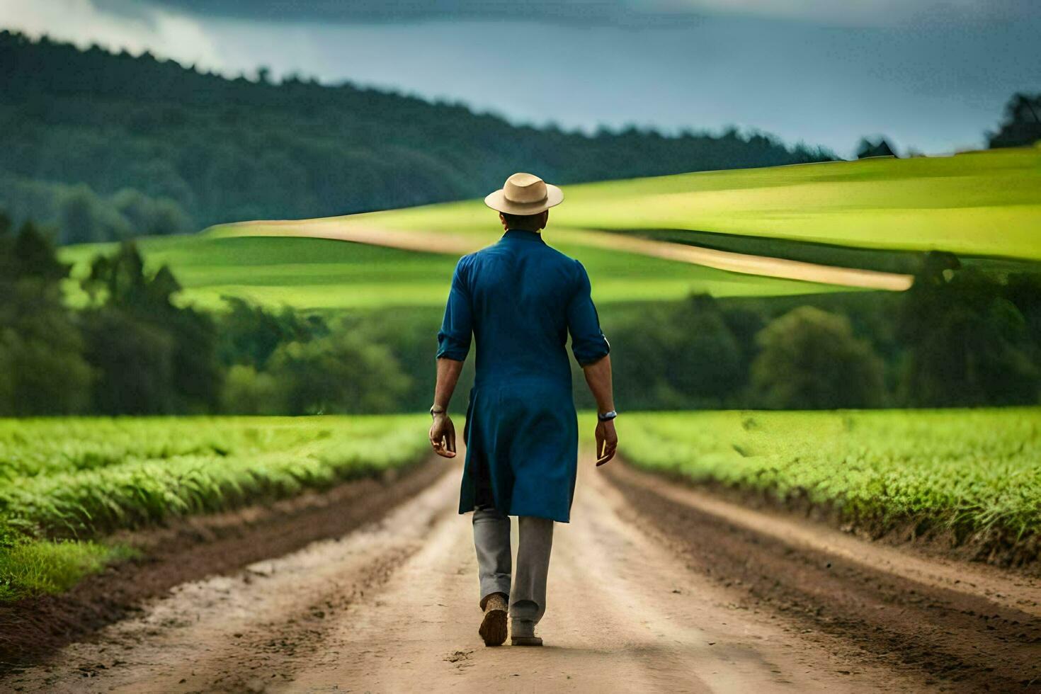 een Mens in een blauw pak en hoed wandelen naar beneden een aarde weg. ai-gegenereerd foto