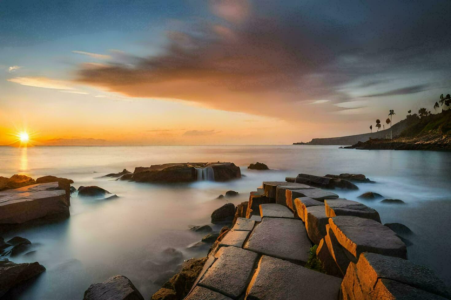 de zon sets over- de oceaan en rotsen in de voorgrond. ai-gegenereerd foto