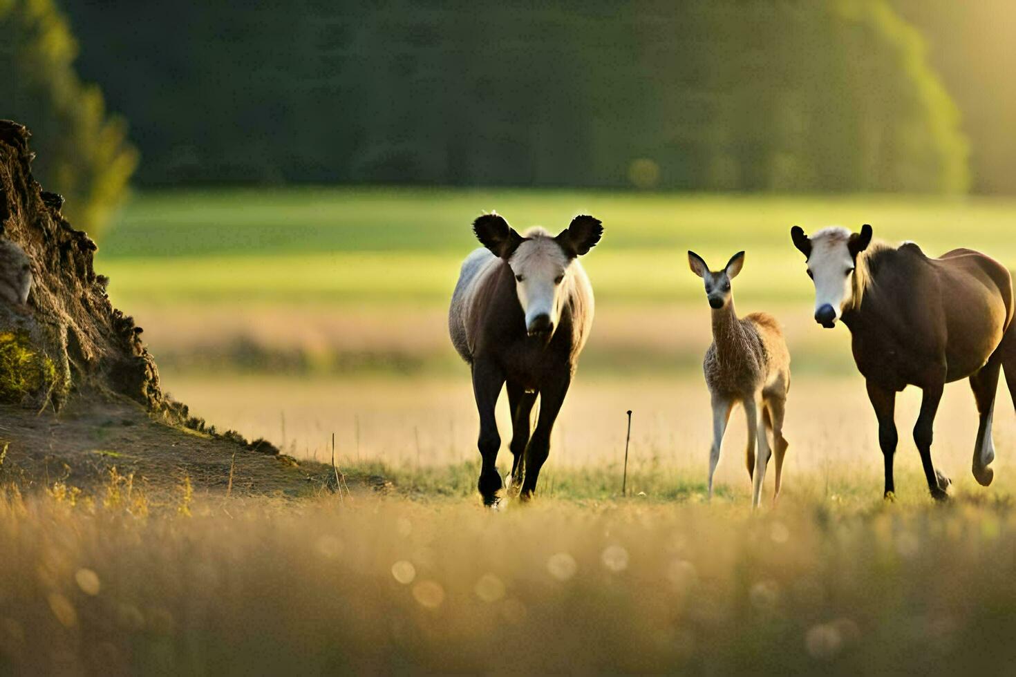 drie paarden en een hert wandelen in een veld. ai-gegenereerd foto