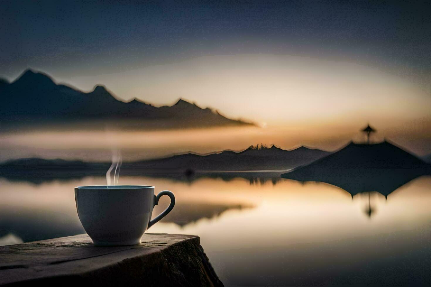 de kop van koffie, meer, zonsopkomst, bergen, hd behang. ai-gegenereerd foto